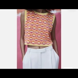 Zara Jacquard Retro Floral Knit Vest Sweater.  vibrant orange, pink. NWOT
